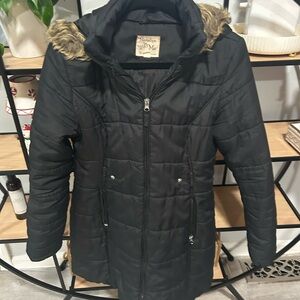 Maralyn & Me Black Puffer Coat with Faux Fur Hood